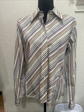 Faconnable Striped Button-Down Shirt in White, Blue & Brown